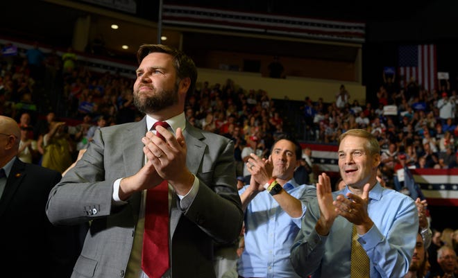 Republican Senate candidate J.D. Vance receives applause from the audience after being introduced by former President Donald Trump at a Save America Rally to support Republican candidates running for state and federal offices in the state of Ohio at the Covelli Centre on Sept. 17, 2022, in Youngstown, Ohio. Republican Senate candidate JD Vance and Rep. Jim Jordan(R-OH) spoke to supporters along with Former President Trump.