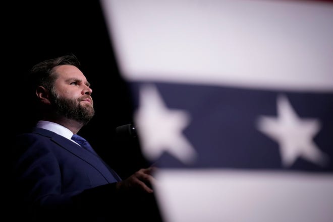 Republican candidate for U.S. Senate J.D. Vance speaks at a campaign rally at the Dayton International Airport on November 7, 2022 in Vandalia, Ohio. Former President Donald Trump is in Ohio campaigning for Republican candidates, including U.S. Senate candidate JD Vance who faces U.S. Rep. Tim Ryan (D-OH) in tomorrow's general election.