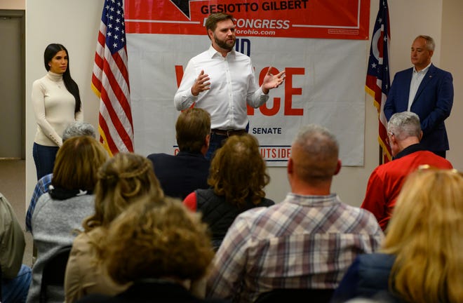 US Republican Senate candidate for Ohio J.D. Vance speaks to supporters at a campaign office on Oct. 13, 2022, in Canton, Ohio. According to a new Emerson College/The Hill Survey, Vance is locked in a dead heat with Democratic Representative Tim Ryan in this year's closely watched Ohio Senate race.