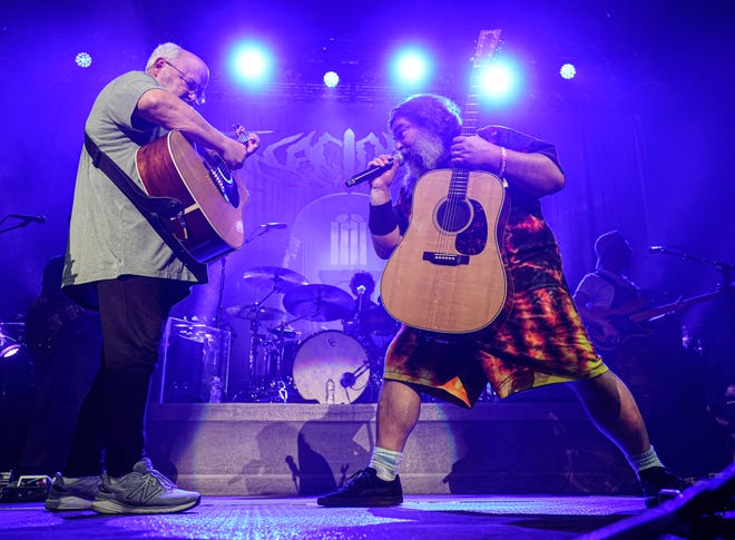 Comedy-rock duo Tenacious D, Kyle Gass (left) and Jack Black perform during the ALL IN Music & Arts Festival in Indianapolis last September.