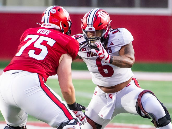 Indiana's Mikail Kamara (6) works against Indiana's Trey Wedig (75) during the Indiana football spring game at Memorial Stadaium on Thursday, April 18, 2024.