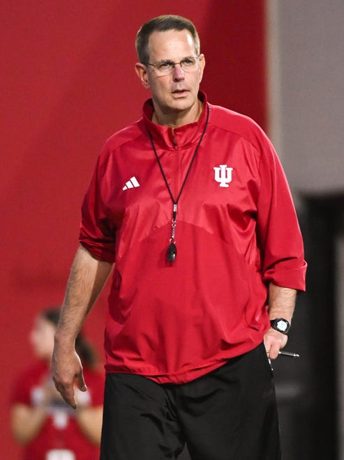 Indiana Hoosiers head coach Curt Cignetti looks on during the Indiana football spring game at Memorial Stadium on Thursday, April 18, 2024.