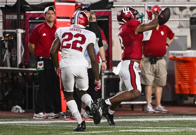 Indiana Hoosiers wide receiver Omar Cooper Jr (3) drops a pass during the Indiana football spring game at Memorial Stadium on Thursday, April 18, 2024.