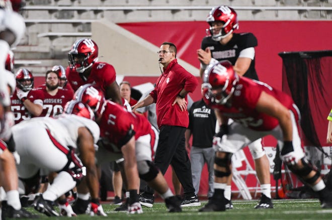 Indiana Hoosiers head coach Curt Cignetti looks on during the Indiana football spring game at Memorial Stadium on Thursday, April 18, 2024.