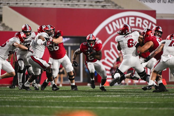 Indiana Hoosiers running back Elijah Green (21) runs the ball during the Indiana football spring game at Memorial Stadium on Thursday, April 18, 2024.