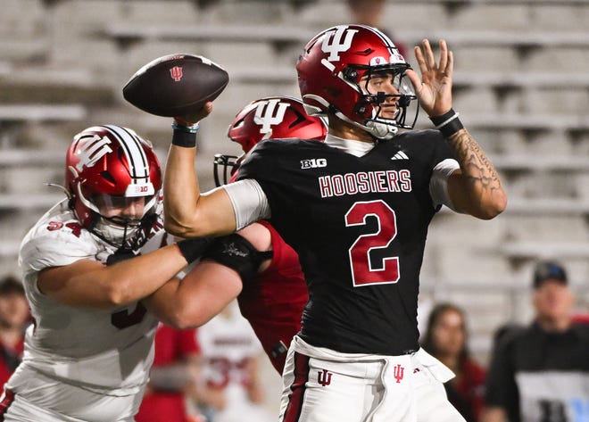 Indiana Hoosiers quarterback Tayven Jackson (2) throws a pass during the Indiana football spring game at Memorial Stadium on Thursday, April 18, 2024.