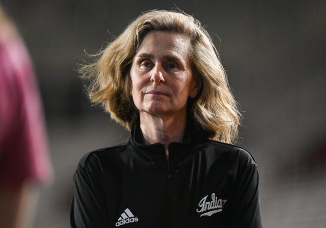 Indiana University President Pamela Whitten looks on during the Indiana football spring game at Memorial Stadium on Thursday, April 18, 2024.