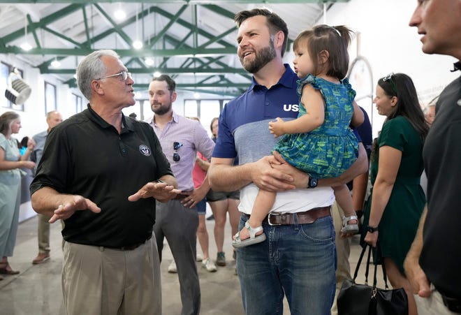 Sen. J.D. Vance tours the Dairy Products Building at the Ohio State Fair with Scott Higgins, CEO of the American Dairy Association - Mideast and the Ohio Dairy Producers Association on Aug. 4, 2023 in Columbus, Ohio.