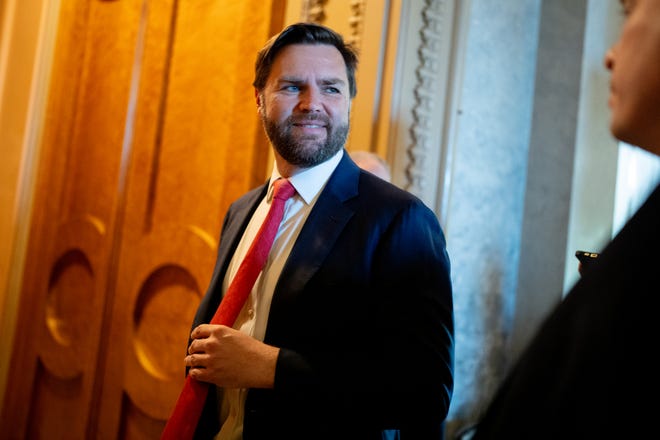 Sen. J.D. Vance (R-OH) walks into the Senate Chamber on Capitol Hill on April 23, 2024 in Washington, DC.