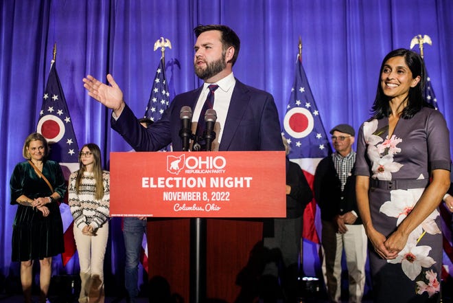 Republican U.S. Senate candidate J.D. Vance speaks to supporters with wife Usha Vance and family at an election watch party at the Renaissance Hotel on Nov. 8, 2022 in Columbus, Ohio. Vance defeated Rep. Tim Ryan (D-OH) in the race to replace retiring Republican Sen. Rob Portman (R-OH).