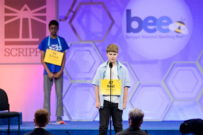 Speller 67, Reid Shaw of Bloomington, representing Indiana University, competes in the preliminaries of the 2023 Scripps National Spelling Bee in National Harbor, Maryland, on Tuesday, May 30, 2023.