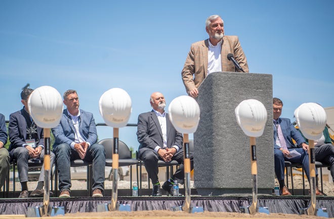 Indiana Gov. Eric Holcomb speaks during the Simtra BioPharma Solutions groundbreaking event at the Bloomington campus on Tuesday.