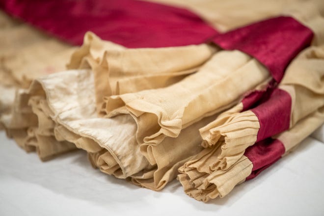 The bottom of the dress donated to the university's Elizabeth Sage Historic Costume Collection in the 1980s. This wool-and-silk dress was worn by IU alumna Ida Kenney when she graduated with IU's Class of 1879, one of just a few women graduates.