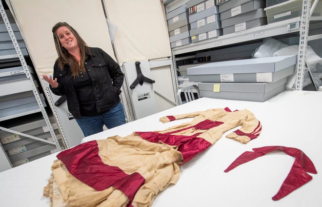 Indiana University professor Lori Frye talks about the dress donated to the Elizabeth Sage Historic Costume Collection in the 1980s. This wool-and-silk dress was worn by IU alum Ida Kenney when she graduated with IU's Class of 1879, one of just a few female graduates.