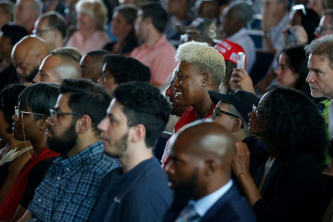 (Middle) Celeste Mentag, 48 of Detroit, listens with many others inside 180 Church during a round table discussion with former President Donald Trump in Detroit on Saturday, June 15, 2024.
Mentag said that, ÒI believe he is the appropriate candidate for the times weÕre in.Ó