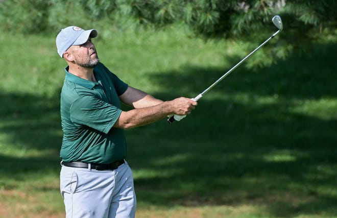 Chris Williams hits a shot during the semi-finals in the Men's Championship division in the City Golf Tournament at Cascades Golf Course on Saturday, July 13, 2024.