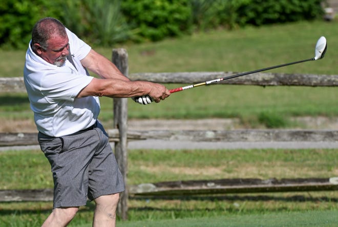 Troy Gillespie hits a tee shot during the semi-finals in the Senior Championship division in the City Golf Tournament at Cascades Golf Course on Saturday, July 13, 2024.