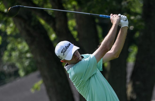 Brad McLaughlin hits a tee shot during the semi-finals in the Men's Championship division in the City Golf Tournament at Cascades Golf Course on Saturday, July 13, 2024.