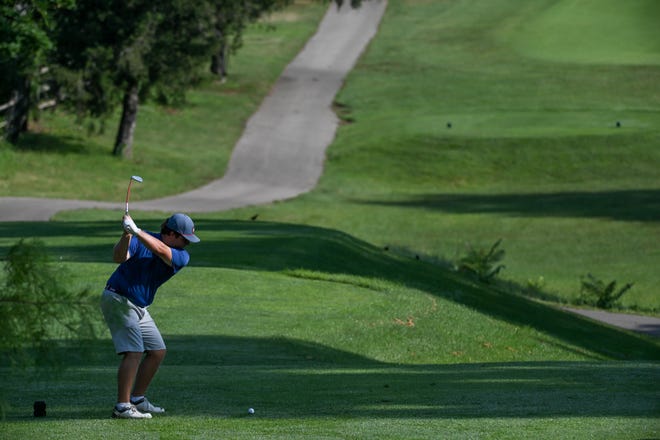 Jason Bannister hits a tee shot during the semi-finals in the Men's Championship division in the City Golf Tournament at Cascades Golf Course on Saturday, July 13, 2024.