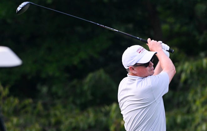 Jim Alexander hits a tee shot during the semi-finals in the Senior Championship division in the City Golf Tournament at Cascades Golf Course on Saturday, July 13, 2024.