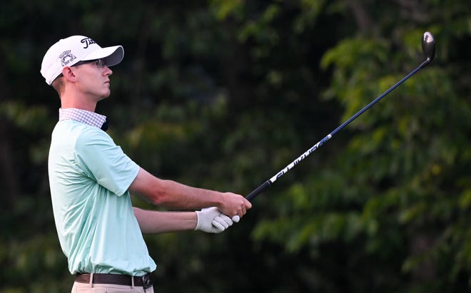 Brad McLaughlin hits a shot during the semi-finals in the Men's Championship division in the City Golf Tournament at Cascades Golf Course on Saturday, July 13, 2024.