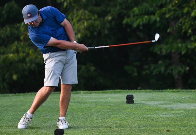 Jason Bannister tees off during the semi-finals in the Men's Championship division in the City Golf Tournament at Cascades Golf Course on Saturday, July 13, 2024.