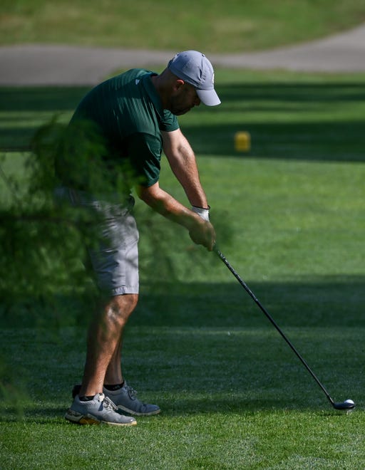 Chris Williams hits a tee shot during the semi-finals in the Men's Championship division in the City Golf Tournament at Cascades Golf Course on Saturday, July 13, 2024.