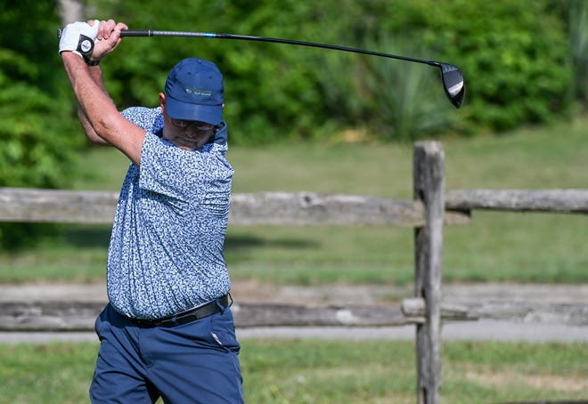 Charles Combs hits a tee shot during the semi-finals in the Senior Championship division in the City Golf Tournament at Cascades Golf Course on Saturday, July 13, 2024.