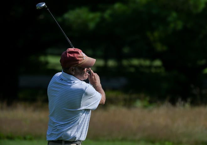 Roger Rainbolt hits a tee shot during the semi-finals in the Super Senior Championship division in the City Golf Tournament at Cascades Golf Course on Saturday, July 13, 2024.