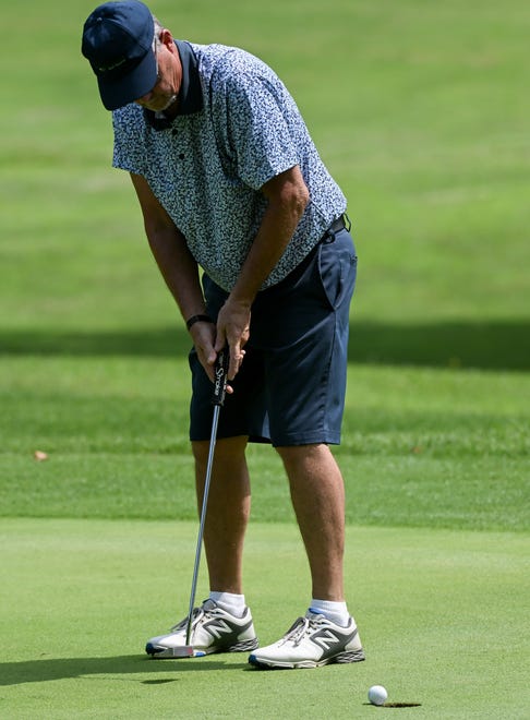 Charles Combs makes a putt on the 18th hole to clinch his semi-final match against Jim Alexander in the Senior Championship division in the City Golf Tournament at Cascades Golf Course on Saturday, July 13, 2024.