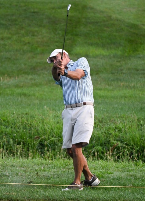 Rory Brown hits a shot during the semi-finals in the Super Senior Championship division in the City Golf Tournament at Cascades Golf Course on Saturday, July 13, 2024.