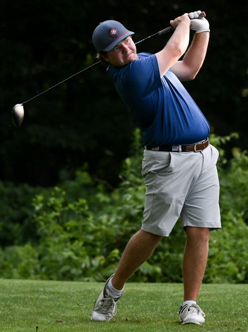 Jason Bannister follows through on a tee shot during the semi-finals in the Men's Championship division in the City Golf Tournament at Cascades Golf Course on Saturday, July 13, 2024.