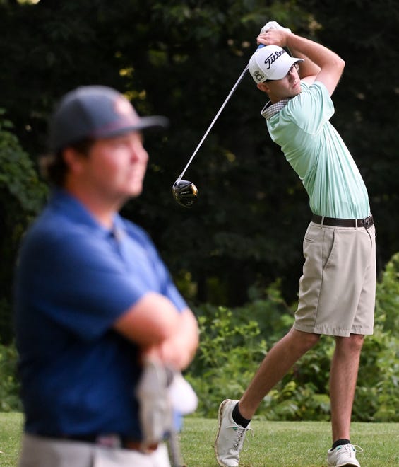 Brad McLaughlin hits a tee shot during the semi-finals in the Men's Championship division in the City Golf Tournament at Cascades Golf Course on Saturday, July 13, 2024.