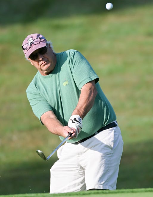 Tim Gillespie chips onto the green during the semi-finals in the Senior Championship division in the City Golf Tournament at Cascades Golf Course on Saturday, July 13, 2024.