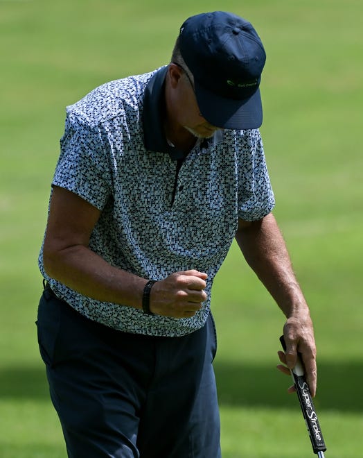 Charles Combs pumps his fist after winning his semi-final match against Jim Alexander in the Senior Championship division in the City Golf Tournament at Cascades Golf Course on Saturday, July 13, 2024.