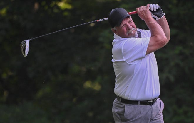 Troy Gillespie watches his tee shot during the semi-finals in the Senior Championship division in the City Golf Tournament at Cascades Golf Course on Saturday, July 13, 2024.