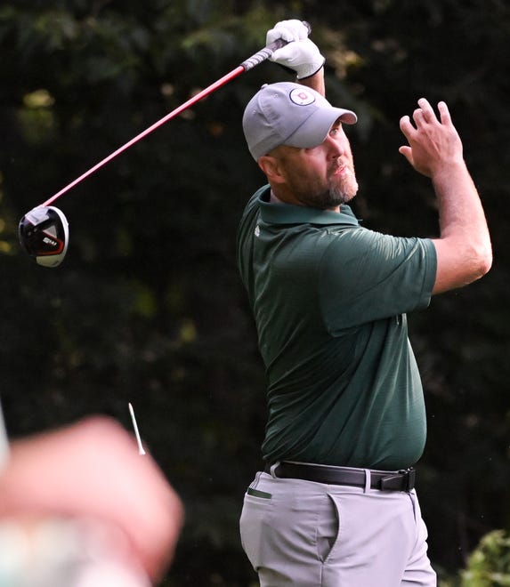 Chris Williams hits a tee shot during the semi-finals in the Men's Championship division in the City Golf Tournament at Cascades Golf Course on Saturday, July 13, 2024.