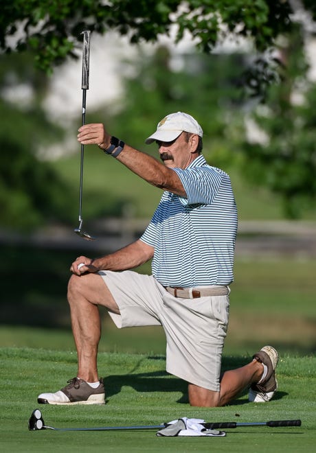 Rory Brown lines up a putt during the semi-finals in the Super Senior Championship division in the City Golf Tournament at Cascades Golf Course on Saturday, July 13, 2024.