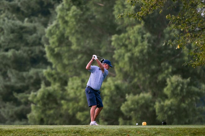 Charles Combs hits a tee shot during the semi-finals in the Senior Championship division in the City Golf Tournament at Cascades Golf Course on Saturday, July 13, 2024.