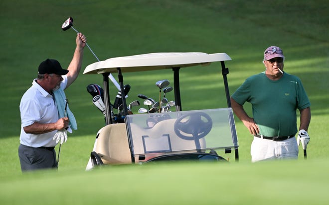 Troy Gillespie (left) and Tim Gillespie during the semi-finals in the Senior Championship division of the City Golf Tournament at Cascades Golf Course on Saturday, July 13, 2024.