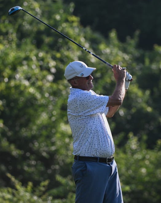 Mike Vernon hits a tee shot during the semi-finals in the Super Senior Championship division in the City Golf Tournament at Cascades Golf Course on Saturday, July 13, 2024.