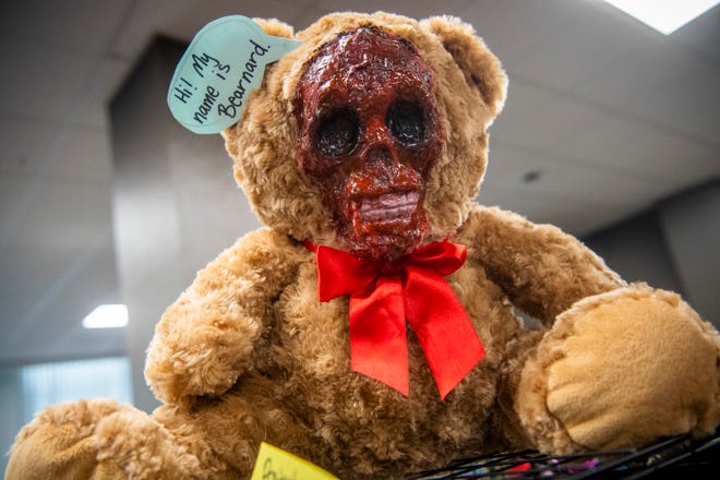 A teddy bear with its face removed at the Puking Badger booth during the Midsommar Market at the Monroe County Convention Center on Saturday, July 13, 2024. The event was put on by The Burnished Raven.