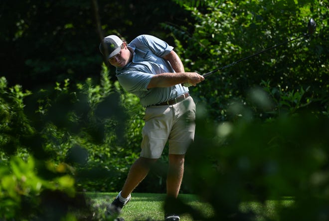 Jason Bannister hits a tee shot during the finals in the Men’s Championship division of the City Golf Tournament at Cascades Golf Course on Sunday, July 14, 2024.