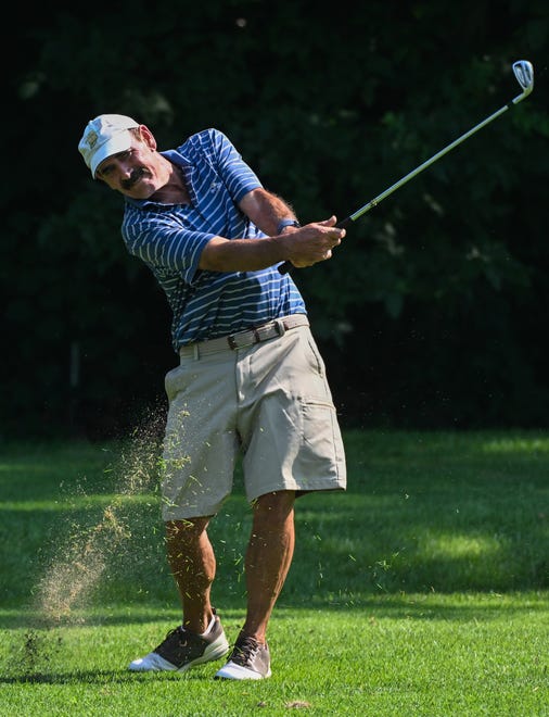 Rory Brown hits a tee shot during the finals in the Super Senior Championship division of the City Golf Tournament at Cascades Golf Course on Sunday, July 14, 2024.