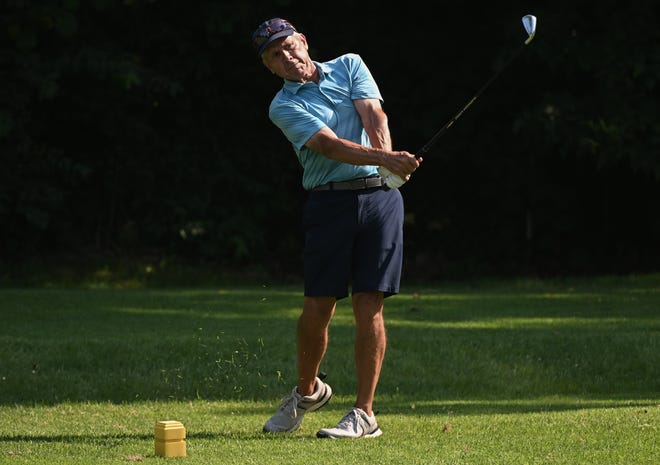 Dan Neubecker tees off during the finals in the Super Senior Championship division of the City Golf Tournament at Cascades Golf Course on Sunday, July 14, 2024.