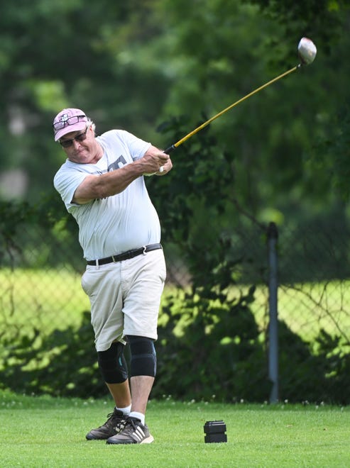 Tim Gillespie hits a tee shot during the finals in the Senior Championship division of the City Golf Tournament at Cascades Golf Course on Sunday, July 14, 2024.