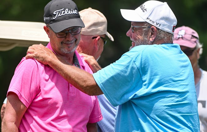 Ike Martin (right) talks to Charles Combs after Combs’ 3 and 2 loss to Tim Gillespie during the finals in the Senior Championship division of the City Golf Tournament at Cascades Golf Course on Sunday, July 14, 2024.