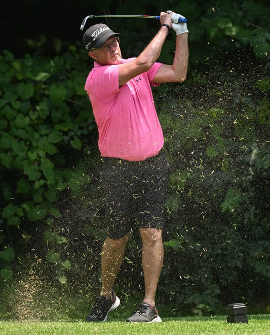 Charles Combs watches his tee shot during the finals in the Senior Championship division of the City Golf Tournament at Cascades Golf Course on Sunday, July 14, 2024.