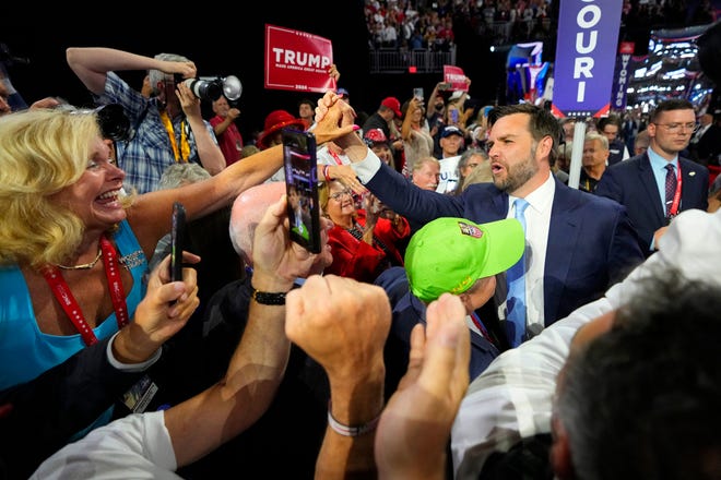 Sen. J.D. Vance (Ohio) is introduced on the floor as the vice presidential candidate during the first day of the Republican National Convention. The RNC kicked off the first day of the convention with the roll call vote of the states.