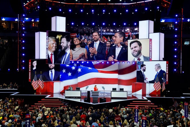 Republican Vice presidential running mate, Sen. J.D. Vance, R-Ohio, is seen on screen during the first day of the Republican National Convention. The RNC kicked off the first day of the convention with the roll call vote of the states.